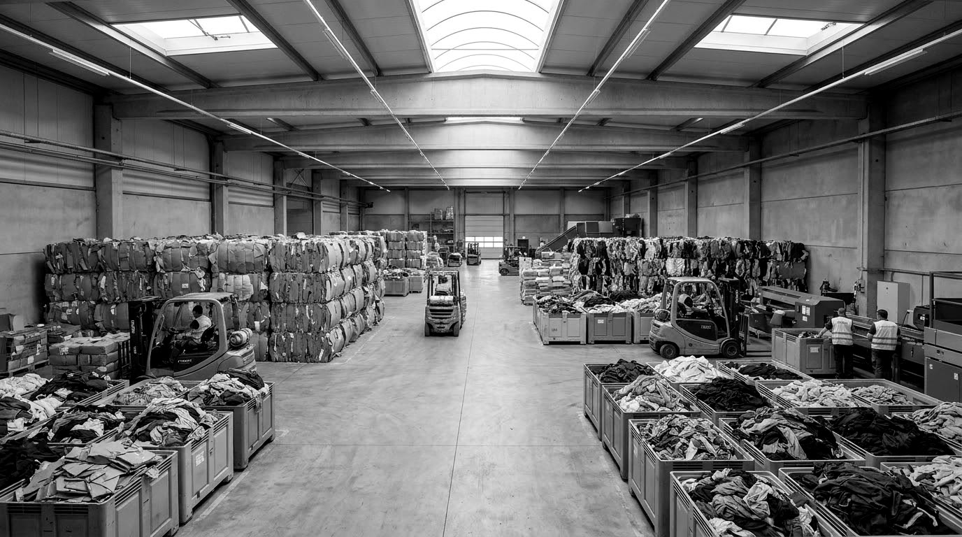 Interior de armazém com fardos de desperdícios têxteis, fotografia ilustrativa.
